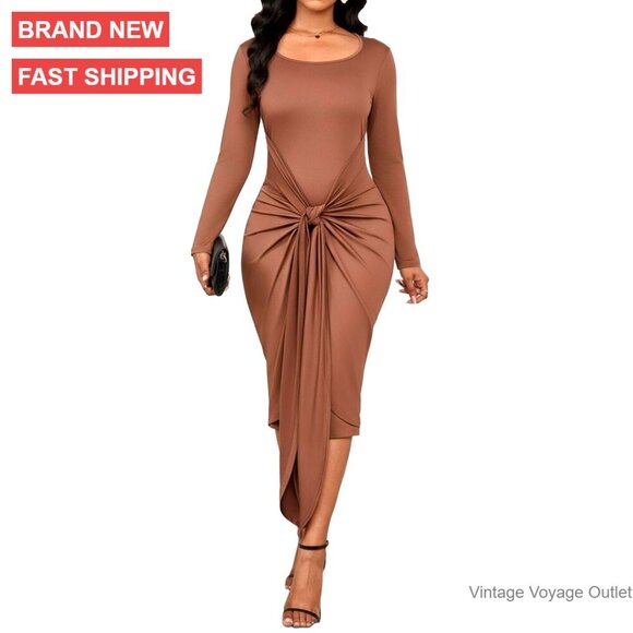 Dresses & Skirts - Long Sleeve Bodycon Midi Dress Wrap Tie Square Neck Party Dress
